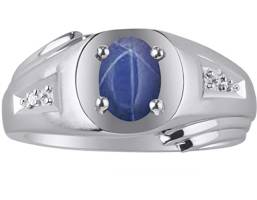 Mens Rings in 14K White Gold Classic Designer Style 8X6MM Blue Star Sapphire & Genuine Sparkling Diamond