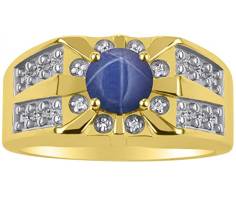 14K Yellow Gold Oval Blue Star Sapphire & Genuine Sparkling Diamond Mens Ring 