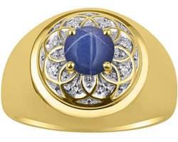 14K Yellow Gold Designer Gypsy Blue Star Sapphire & Genuine Sparkling Diamond Mens Ring