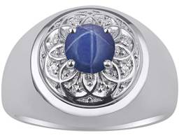 14K White Gold Designer Gypsy Blue Star Sapphire & Genuine Sparkling Diamond Mens Ring