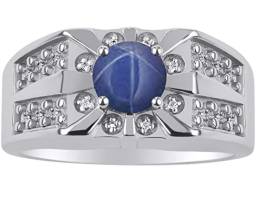 14K White Gold Designer Starburst Blue Star Sapphire & Genuine Sparkling Diamond Ring For Men