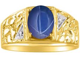 14K Yellow Gold Designer Nugget Ring Blue Star Sapphire & Genuine Sparkling Diamonds Mens Ring
