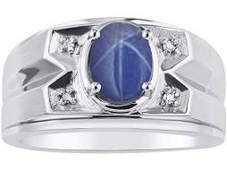14K White Gold Rings Classic Designer Style Blue Star Sapphire & Genuine Sparkling Diamond Mens Ring