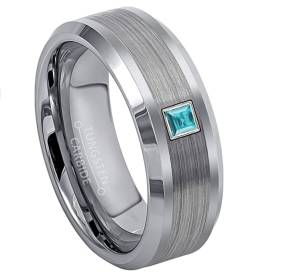 Mens Tungsten Carbide Wedding Band with 0.05ctw - 0.10ctw Princess Cut Blue Topaz Tungsten Ring