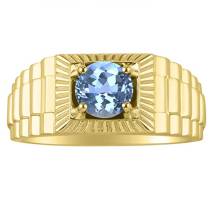 Mens Rings 14K Yellow Gold Gorgeous 7MM Round Shape Gemstone Blue Topaz