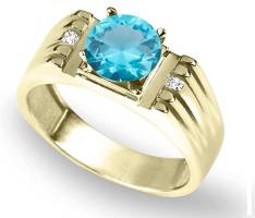 14K Solid Yellow Gold Ring for Men with Diamond Accents and Blue Topaz Gemstone