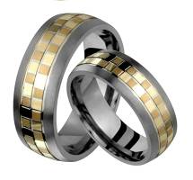 Titanium Ring 14kt Yellow Gold Sand Paper Comfort Fit 7mm Wide Wedding Band Set for Him Her