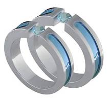 Titanium Ring Blue Anodization with Tension Set Topaz 5mm Wide Wedding Band Set for Him Her