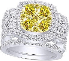 3 Cttw Womens Round Canary Natural Diamond Halo Bridel Engagement Ring Band Set 14Kt Solid Gold