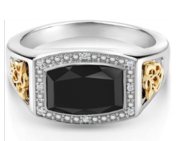 Men's 925 Silver and 10K Yellow Gold Black Onyx and White Lab Grown Diamond Ring