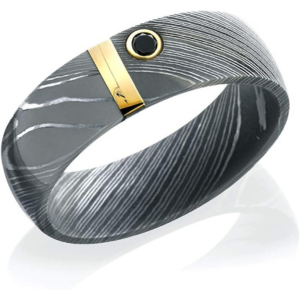 Damascus Steel 7mm Domed Band with 2mm 14K Yellow Gold Vertical Inlay and Black Diamond