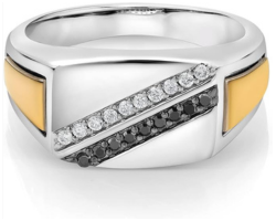 Men's 925 Silver and 10K Yellow Gold Black Diamond and White Lab Grown Diamond Ring