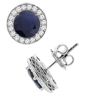 14k White Gold Diamond Halo Genuine Ceylon Sapphire Earrings