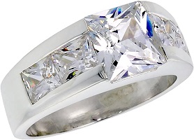 Mens Sterling Silver Cubic Zirconia Ring Princess Cut
