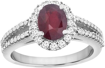 14K White Gold Enhanced Genuine Ruby Split Shank Halo Engagement Ring