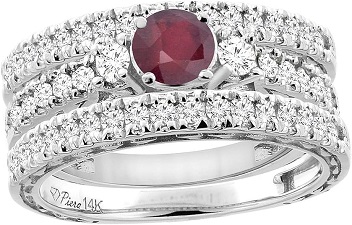 14K White Gold Diamond Enhanced Ruby Engagement 3-pc Ring Set Engraved