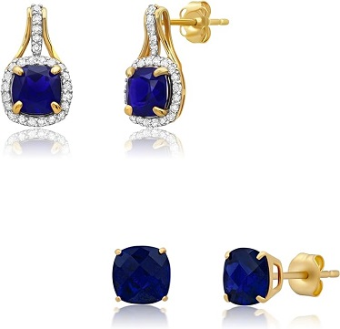 10k Yellow Gold Drop and 14k Yellow Gold Stud Cushion Cut Created Blue Sapphire Gemstone Earrings