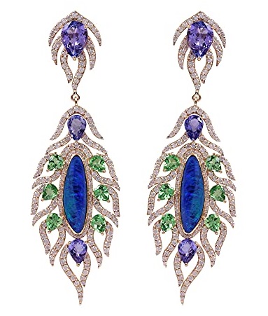 4.60 Carat Natural Diamonds Pave Opal, Tanzaite & Tsavorite Dangle Drop Earrings 14K Solid Yellow Gold