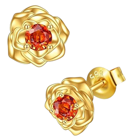 14k Rose Stud Earrings Yellow Gold Rose Flower Garnet Red Earrings