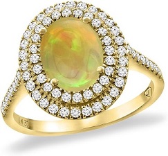 14K Yellow Gold Natural Two Halo Diamond Ethiopian Opal Engagement Ring