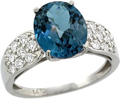 14k White Gold Natural London Blue Topaz Ring Oval With Diamond Accents