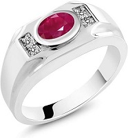 2.02 Ct Oval Red Ruby and White Diamond 925 Sterling Silver Mens Ring