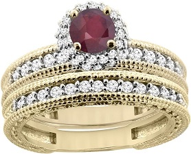 14K Yellow Gold Diamond Enhanced Genuine Ruby Round 4mm Engagement Ring