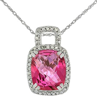 10K White Gold Natural Pink Topaz Pendant Octagon Cushion With Diamond Accents