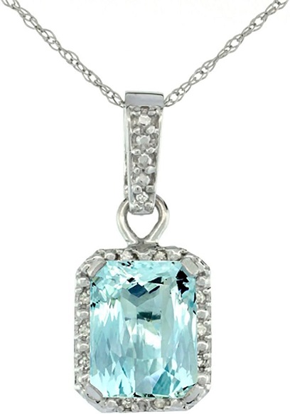 10K White Gold Natural Aquamarine Pendant Octagon And Diamond Accents