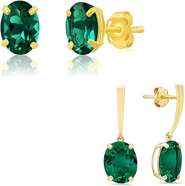 14k Gold Oval Cut Emerald Gemstone Drop Dangle and Stud Earrings for Women