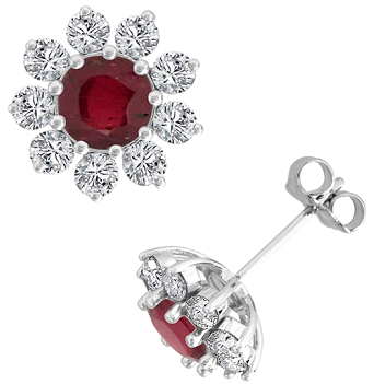 14k White Gold Diamond Halo And Ruby Stud Earrings