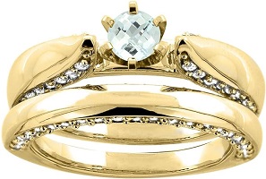 14K White Gold Natural Aquamarine 2-piece Bridal Ring Set Diamond Accents