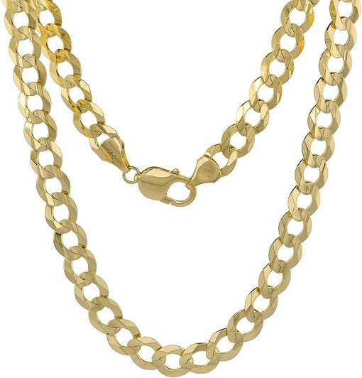 Yellow 14k Gold 9.5mm Curb Link Chain Necklace for Men and Women Concaved Center Beveled Edges