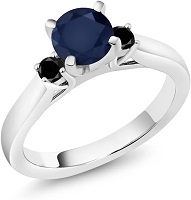 1.20 Ct Round Blue Sapphire Black Diamond 925 Sterling Silver 3-Stone Engagement Ring