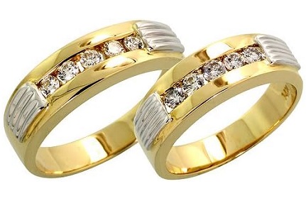 14k Two-tone Gold Grooved Band Diamond Wedding Set