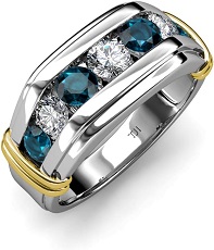 Round Blue and White Diamond 1 ctw 7 Stone Channel Set Men Wedding Ring 14K Gold