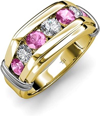 Round Pink Sapphire and Diamond 1 ctw 7 Stone Channel Set Men Wedding Ring 14K Gold