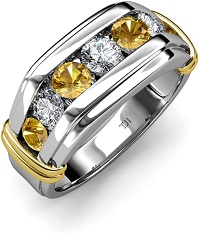 Round Citrine and Diamond 1 ctw 7 Stone Channel Set Men Wedding Ring 14K Gold