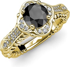Round Black & White Diamond Floral Women Halo Engagement Ring 14K Gold