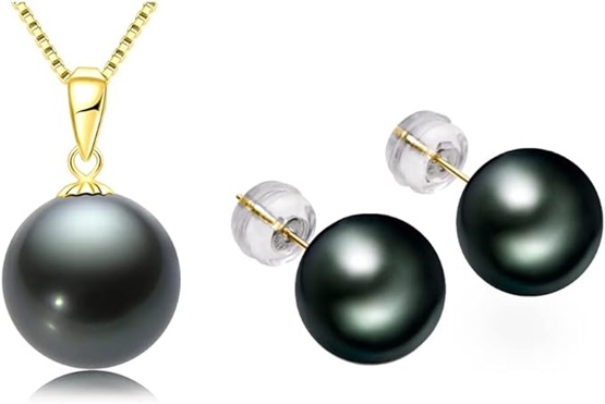 Tahitian Black Pearl Stud Earrings and Necklace 18K Gold Genuine Cultured Pearl Jewelry