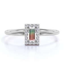 14K Real Baguette Cut Real Watermelon Tourmaline Diamond Halo Engagement Ring