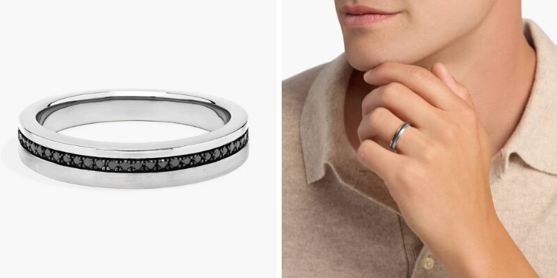Men's Black Diamond Pave Edge Wedding Ring with Black Rhodium in Platinum