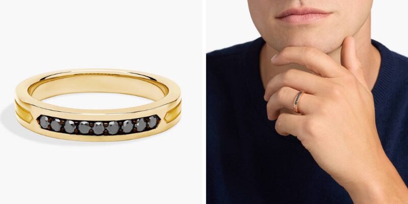 Men's Black Diamond Pave Set 4mm Wedding Ring with Black Rhodium in 14k Yellow Gold
