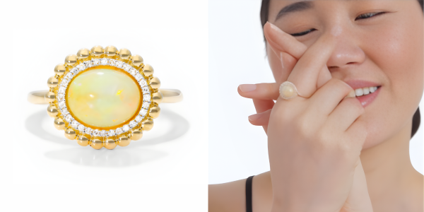 Opal And Diamond Beaded Double Halo Ring In 14K Yellow Gold