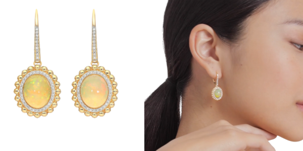 Beaded Detail Opal And Halo Diamond Leverback Earrings In 14K Yellow Gold