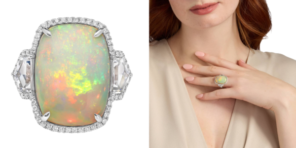 Cushion Cut Opal with Cadillac Cut White Sapphire Ring in 18k White Gold