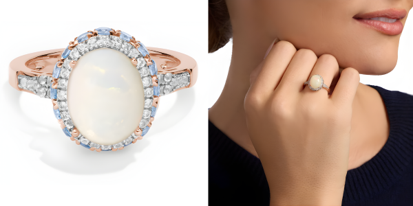 Oval Opal and Swiss Blue Topaz Halo Ring in 14k Rose Gold