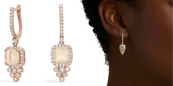 Cushion Cut Opal and Diamond Drop Earrings in 14k Rose Gold