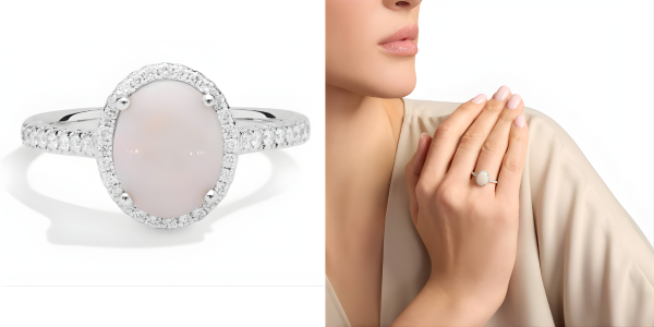 Opal and Diamond Halo Ring in 18k White Gold