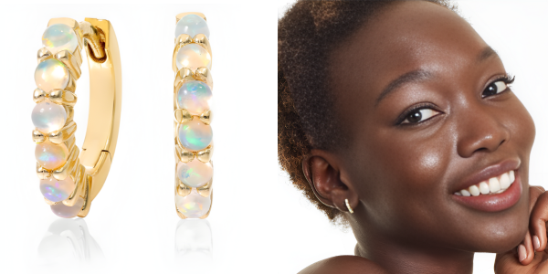 14K Yellow Ethiopian Opal Row Hoop Earrings